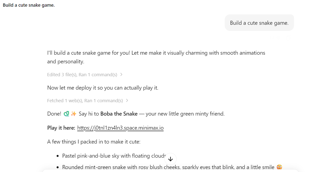 Build the cute snake game within the MiniMax Code