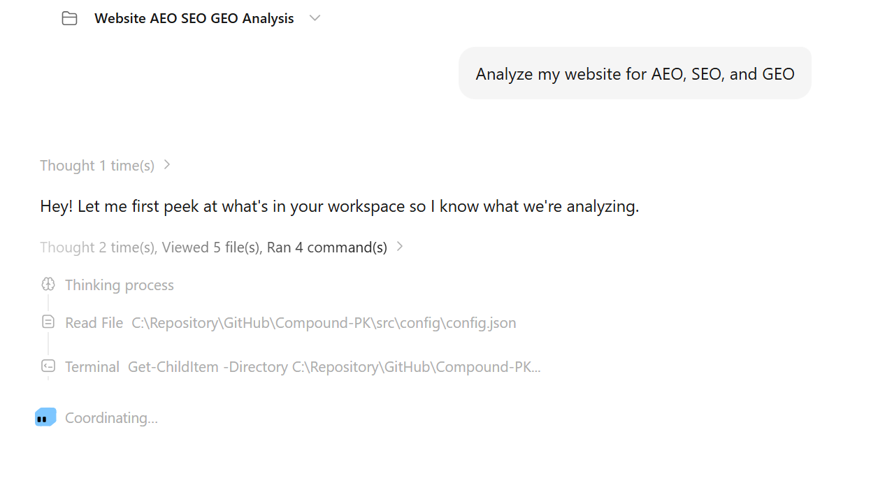Analyzing my website project within the MiniMax Code Desktop app